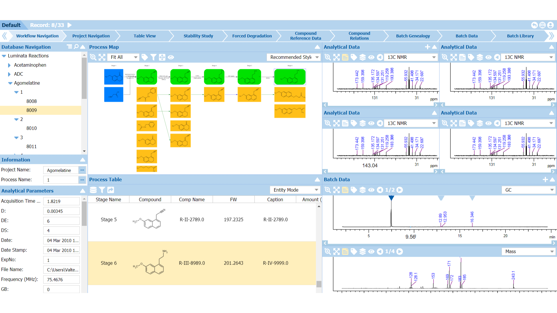 Import LC/UV/MS data and chemical structures to compile complete route schema for multi-stage reaction processes and share information easily using the web-based client