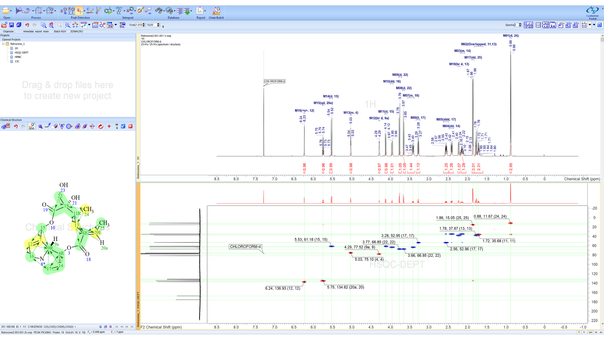 Process and Analyze: synchronize multiplet creation and peak picking throughout an NMR project. Attach chemical structures and view correlation arrows highlighting key assignments that support the proof of a structure.