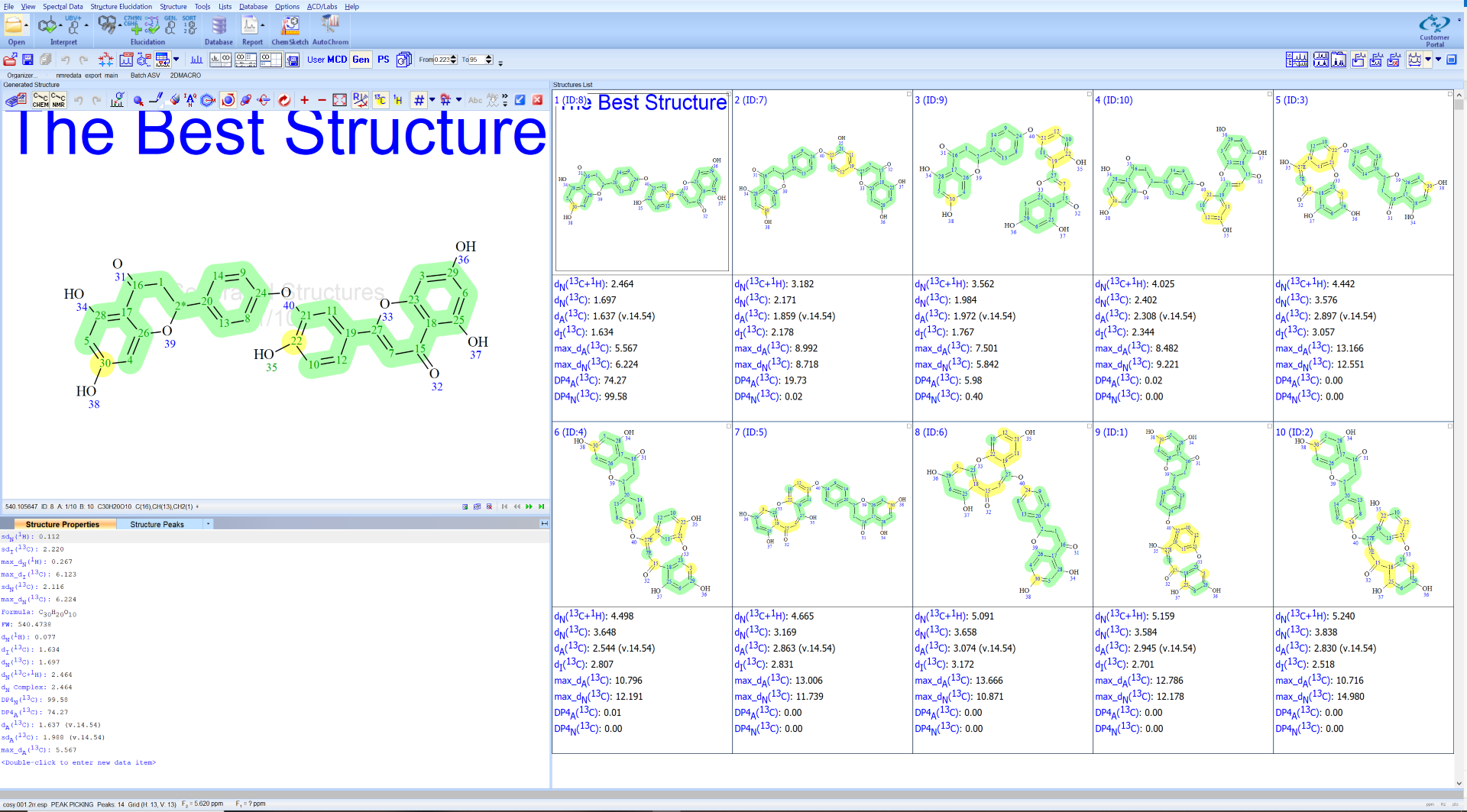 Efficiently determine the best structure using DP4 metrics. This approach calculates the Match Factor based on the normalized multiplication of probabilities of each assigned atom (13C or 1H).