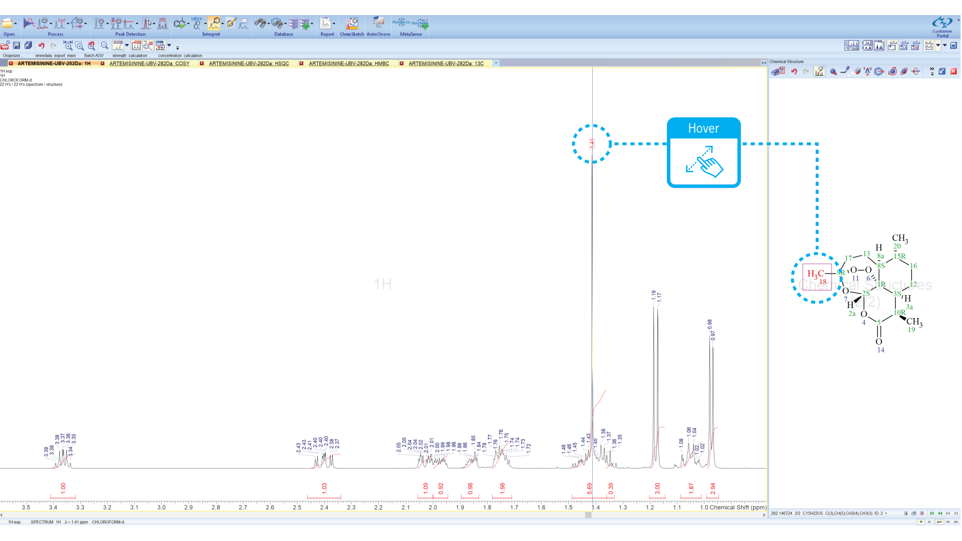 Hover the cursor over peaks or atoms to view assignments