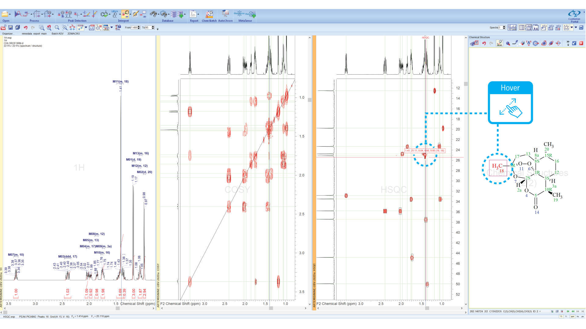 Hover the cursor over peaks or atoms to view assignments