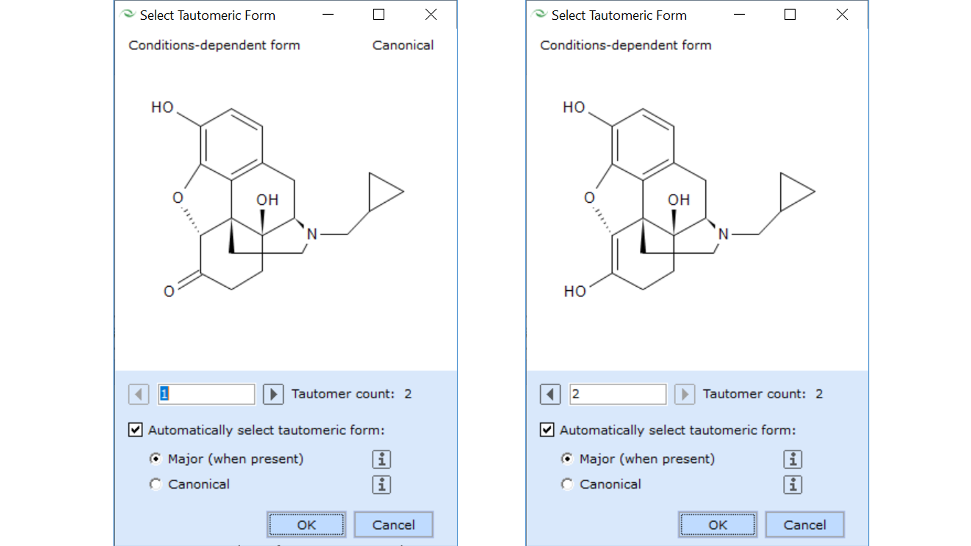 The software automatically identifies tautomers—choose to use the major or canonical form.