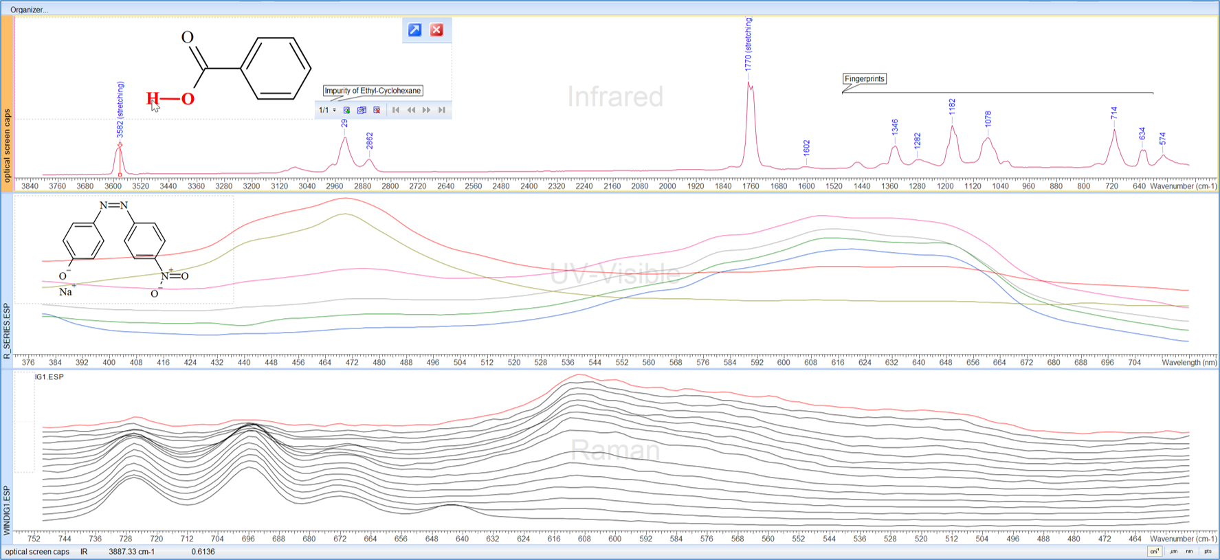 Handle all your optical data (IR, Raman, UV-Vis and more) in a single software interface. Interactive tools aid spectral interpretation (placing cursor on the IR peak highlights the related structural fragment).