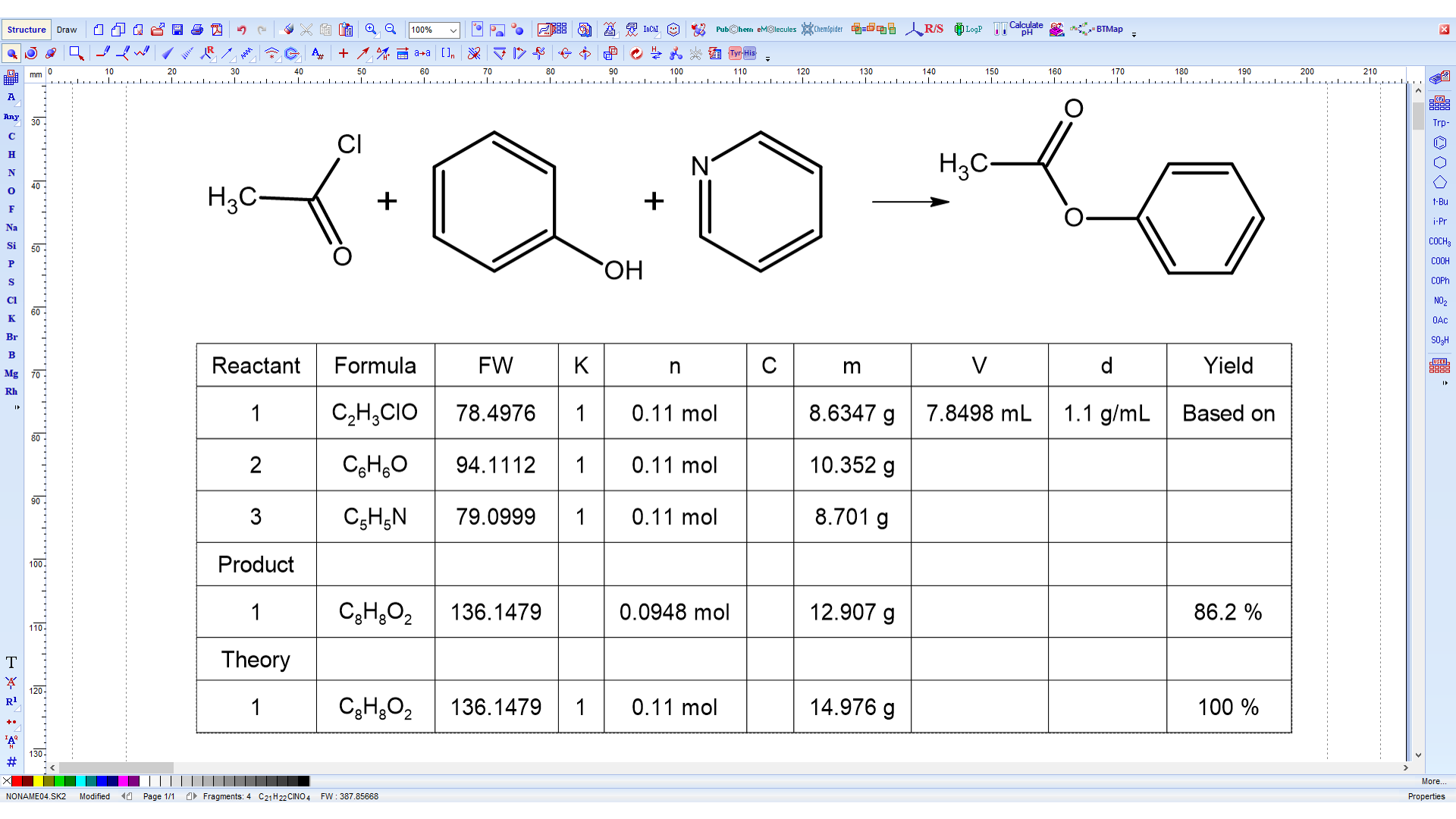 Calculate quantities for chemical reactions (with automatically calculated chemical formula, molecular weight etc.)