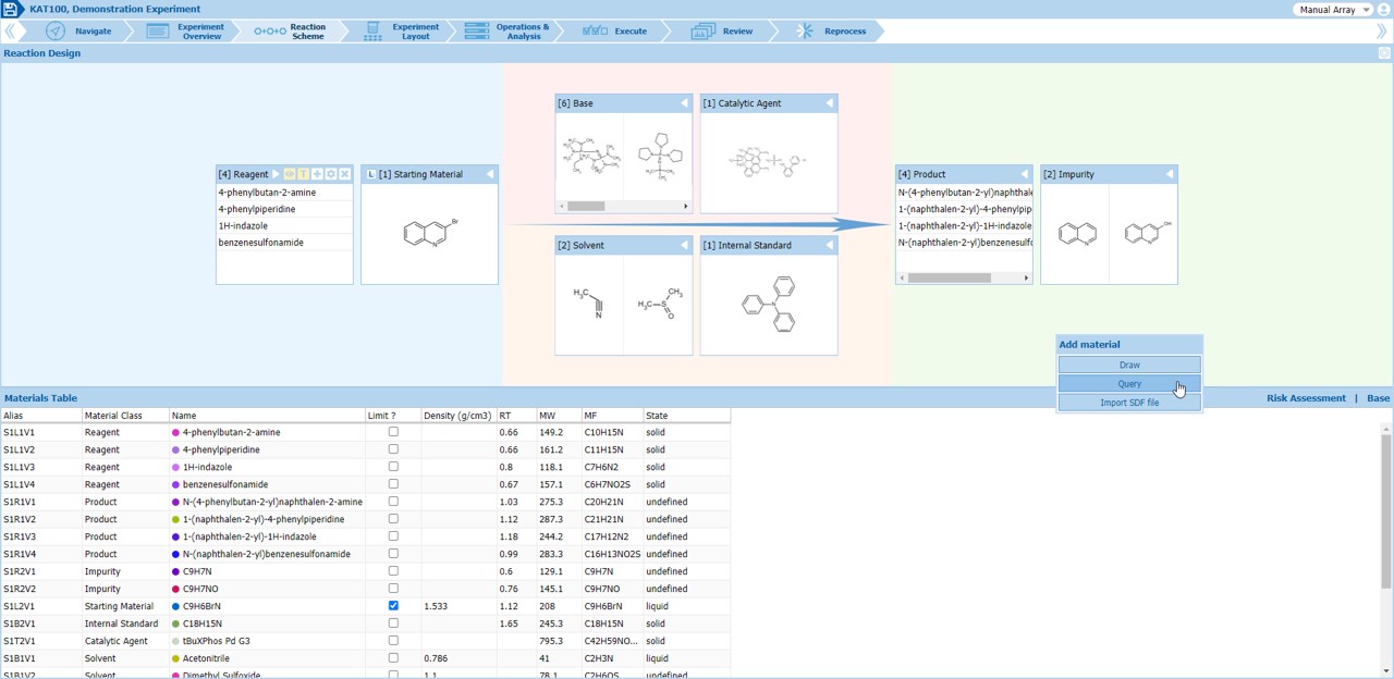 Intuitively design high throughput and parallel chemistry experiments. Drag-and-drop materials into the reaction scheme.